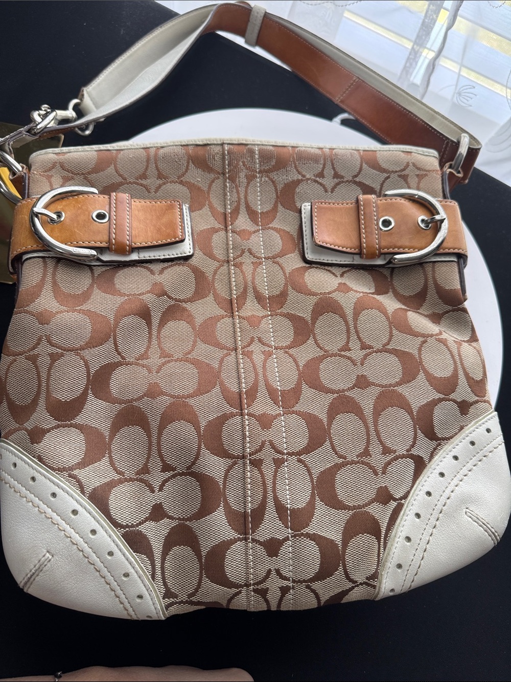 Coach Brown Signature Canvas Shoulder Bag with Tan and Cream Leather Accents - Picture 3 of 17